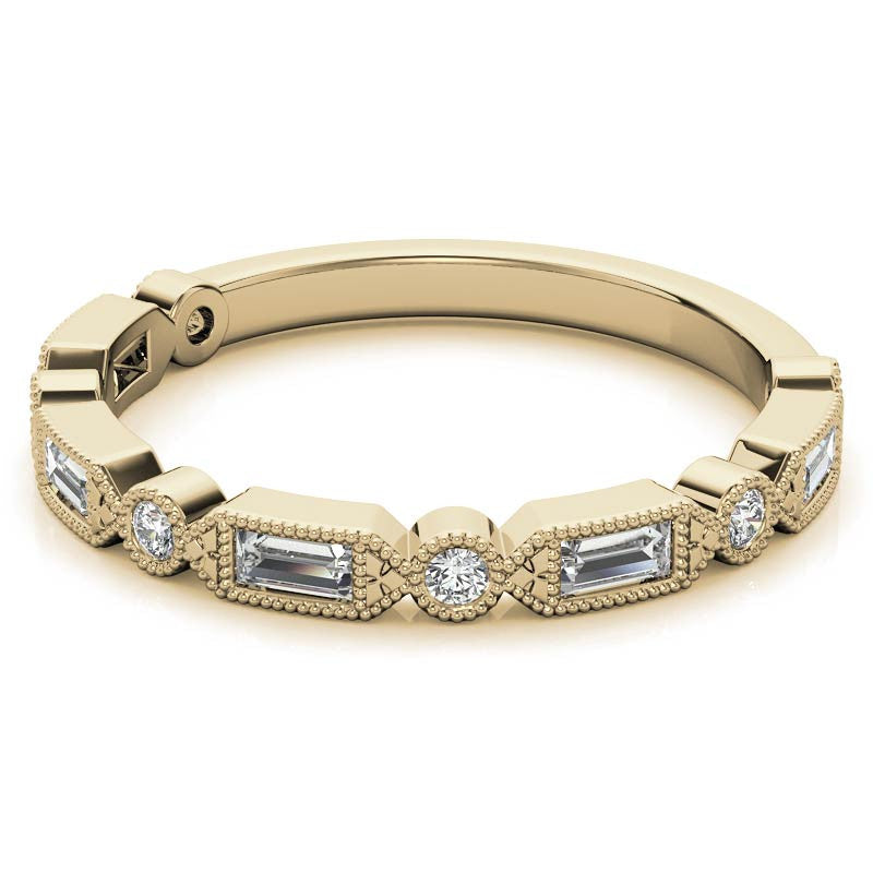 Baguette and Round Brilliant Moissanite Stackable Band with Milgrain