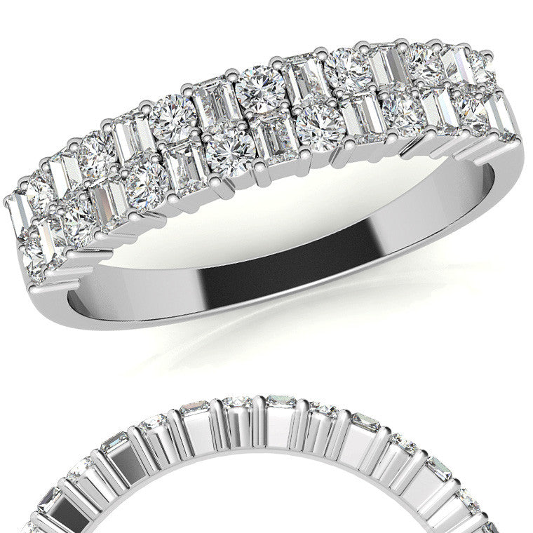 Round and Baguette Lab Grown Diamond Double Row Stackable Band