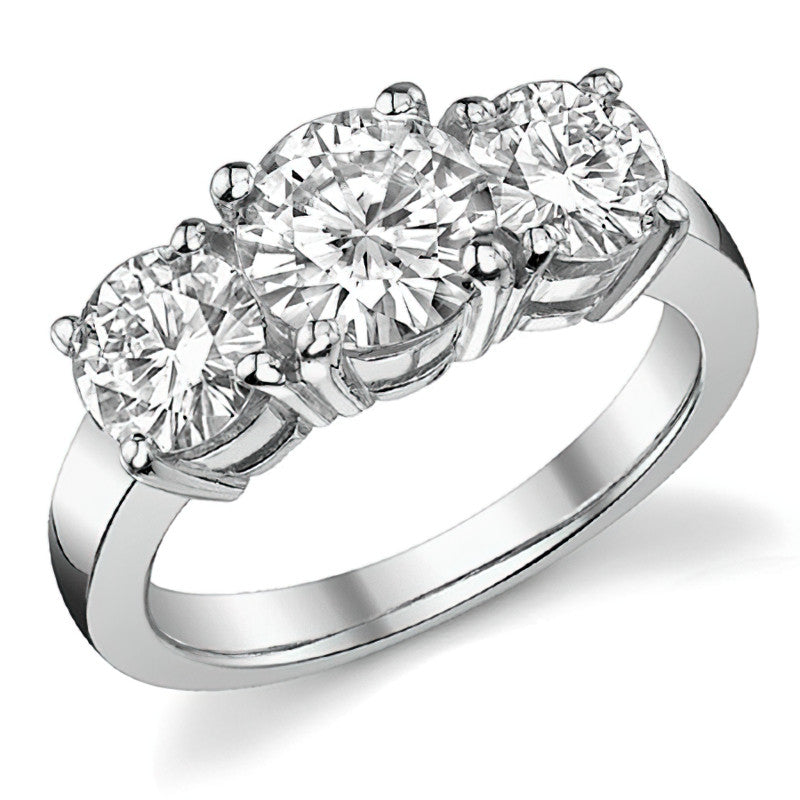 3.0ct (7.5mm,6mm) Round Brilliant Moissanite Three Stone Ring