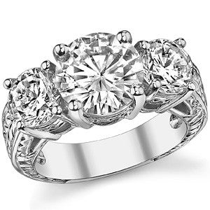 5.5ct (9.5mm/6.5mm) Round Brilliant Moissanite Antique 3 Stone Ring