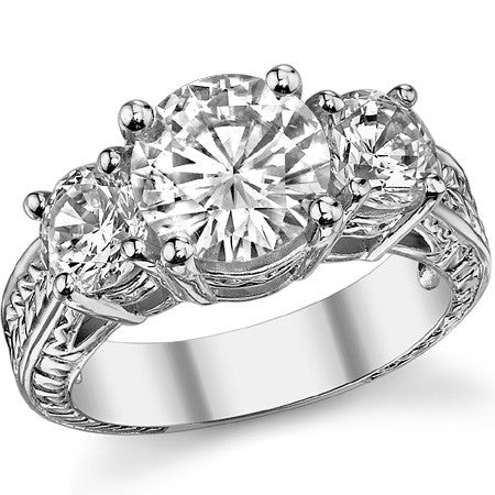 4.5ct (9mm/6mm) Round Brilliant Moissanite Antique 3 Stone Ring