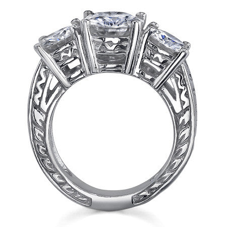 4ct (8mm/6.5mm) Round Brilliant Moissanite Antique 3 Stone Ring