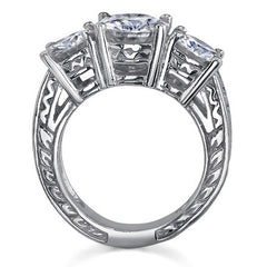 4ct (8mm/6.5mm) Round Brilliant Moissanite Antique 3 Stone Ring