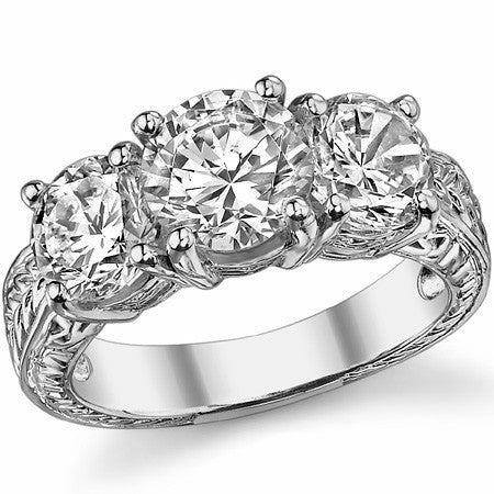 3.5ct (7.5mm/6.5mm) Round Brilliant Moissanite Antique 3 Stone Ring