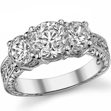3.0ct (7.5mm/6mm) Round Brilliant Moissanite Antique 3 Stone Ring