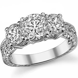 3.0ct (7.5mm/6mm) Round Brilliant Moissanite Antique 3 Stone Ring
