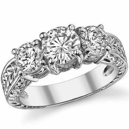 2ct (6.5mm/5mm) Round Brilliant Moissanite Antique 3 Stone Ring