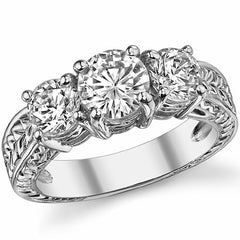 2ct (6.5mm/5mm) Round Brilliant Moissanite Antique 3 Stone Ring
