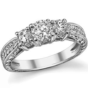 1ct (5mm/4mm) Round Brilliant Moissanite Antique 3 Stone Ring