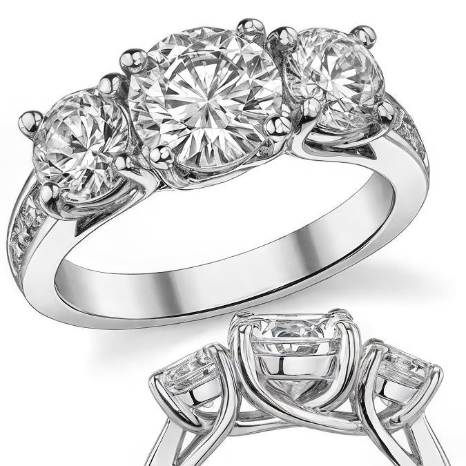 3.3ct (7.5mm/6mm) Round Brilliant Moissanite Trellis Three-Stone Ring