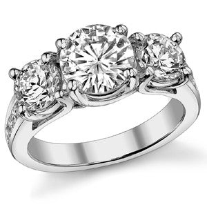 3.1ct (7mm/6mm) Round Brilliant Moissanite Trellis Three-Stone Ring