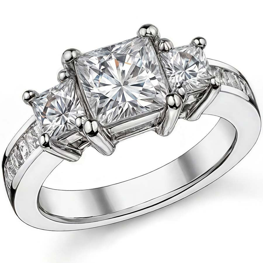 3.2ct (6.5mm/4mm) Princess cut Moissanite Three Stone Ring
