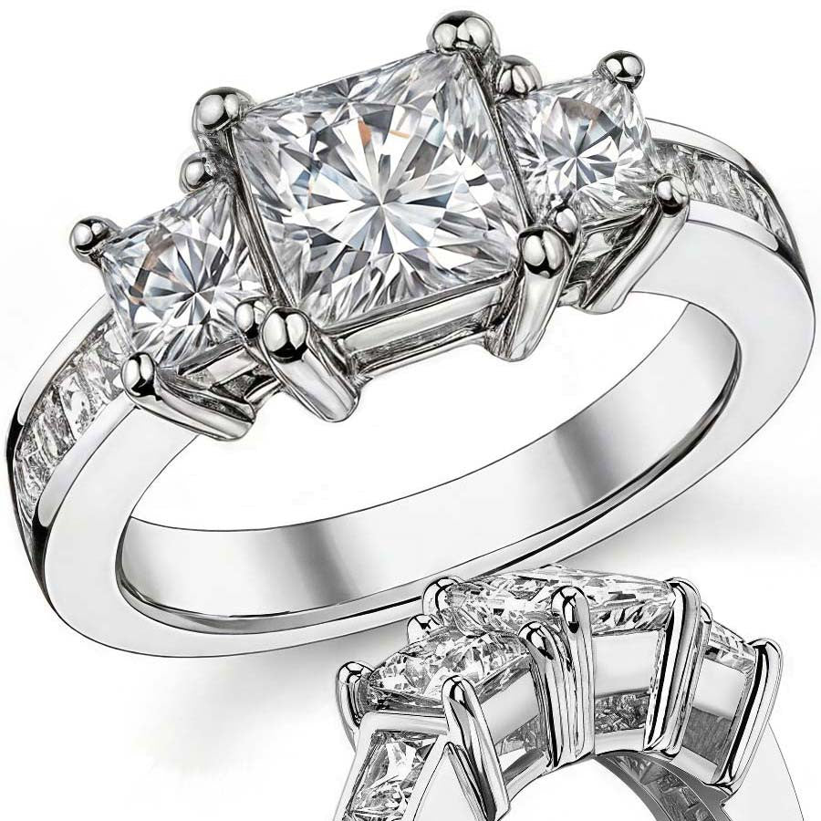 3.2ct (6.5mm/4mm) Princess cut Moissanite Three Stone Ring