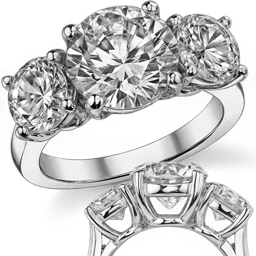 5ct (9.0mm, 6.5mm) Three-Stone Round Brilliant Moissanite Ring