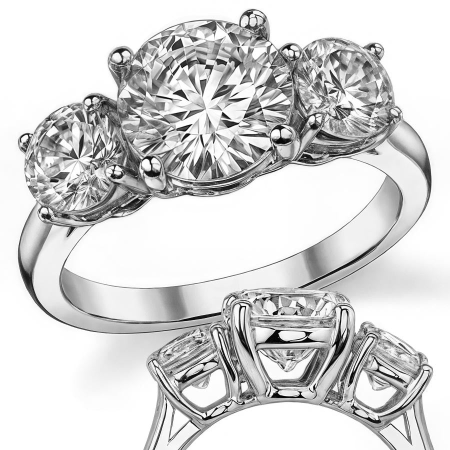 3.0ct(8.0mm,5.0mm) Three-Stone Round Brilliant Moissanite Ring