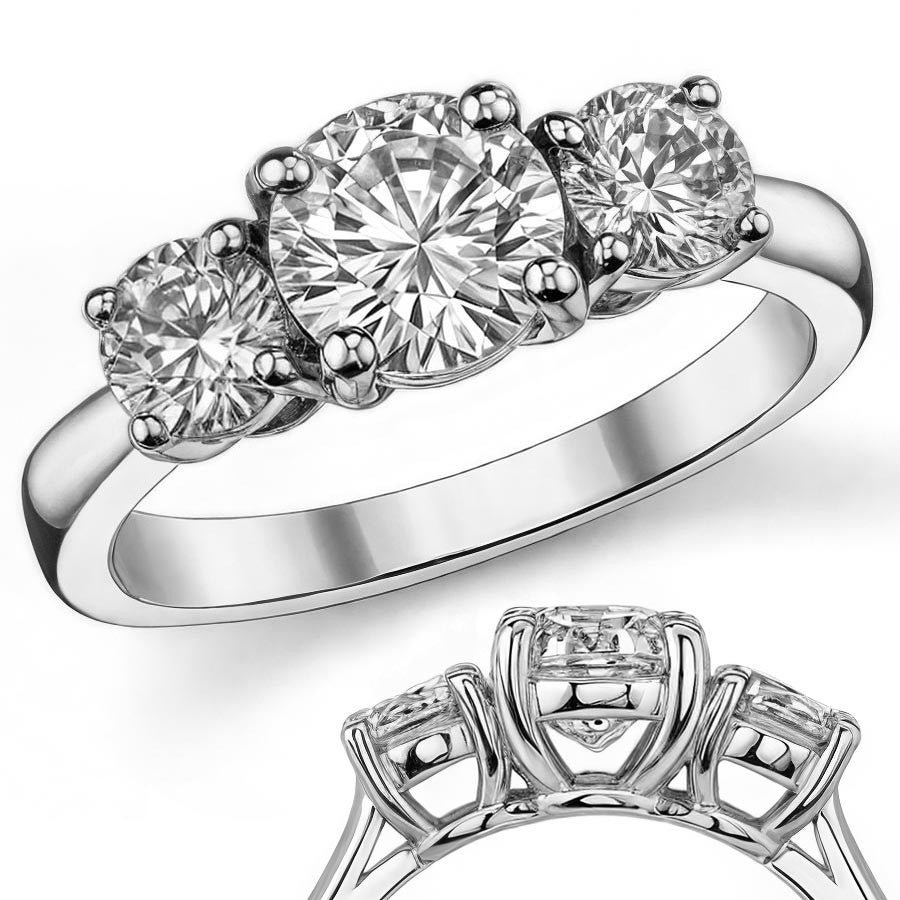 1.6ct (6.5mm,4.5mm) Three-Stone Round Brilliant Moissanite Ring