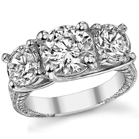 4.2ct (8mm,6.5mm) Round Brilliant Moissanite Antique Trellis 3-Stone Ring