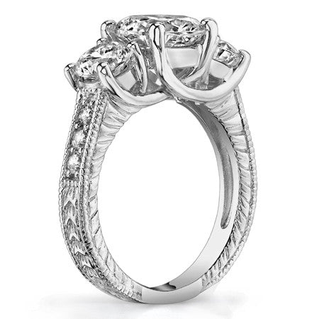 3.2ct (8mm,5mm) Round Brilliant Moissanite Antique Trellis 3-Stone Ring