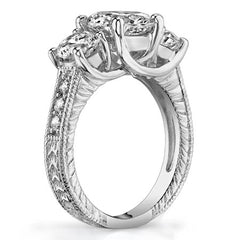3.2ct (8mm,5mm) Round Brilliant Moissanite Antique Trellis 3-Stone Ring