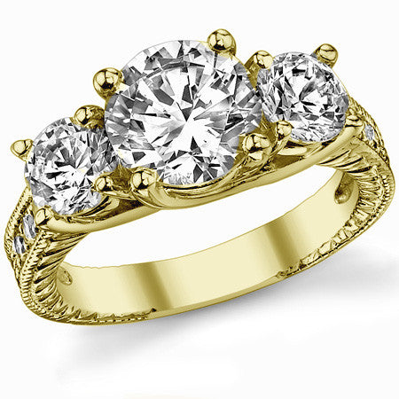 3.2ct (8mm,5mm) Round Brilliant Moissanite Antique Trellis 3-Stone Ring