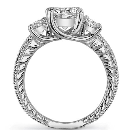 2.9ct (7mm,6mm) Round Brilliant Moissanite Antique Trellis 3-Stone Ring