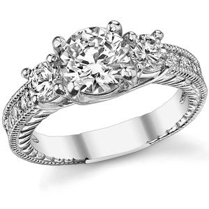 1.9ct 7mm/4mm Round Brilliant Moissanite Antique Trellis 3-Stone Ring