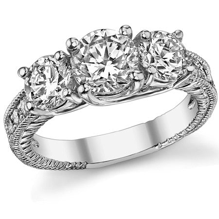 2.2ct (6.5mm,5mm) Round Brilliant Moissanite Antique Trellis 3-Stone Ring