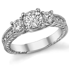 1.4ct (6mm,4mm) Round Brilliant Moissanite Antique Trellis 3-Stone Ring