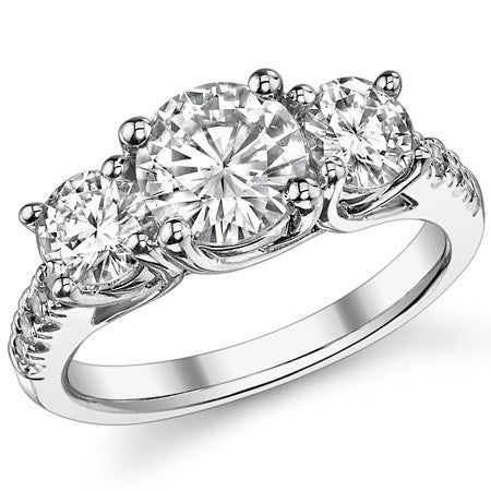 2.4ct (7mm/5mm) Round Brilliant Moissanite Trellis Three-Stone Ring