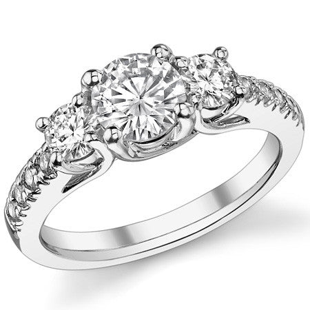 1.7ct (6.5mm/4mm) Round Brilliant Moissanite Trellis Three-Stone Ring