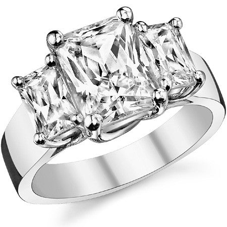 9x7mm, 6x4mm Radiant/Emerald Moissanite Trellis Three-Stone Ring