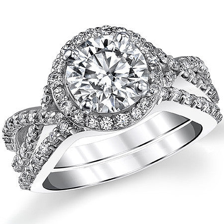 Split Shank Halo Cathedral Round Brilliant Moissanite Engagement Ring