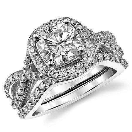 Split Shank Halo Cathedral Cushion Moissanite Engagement Ring