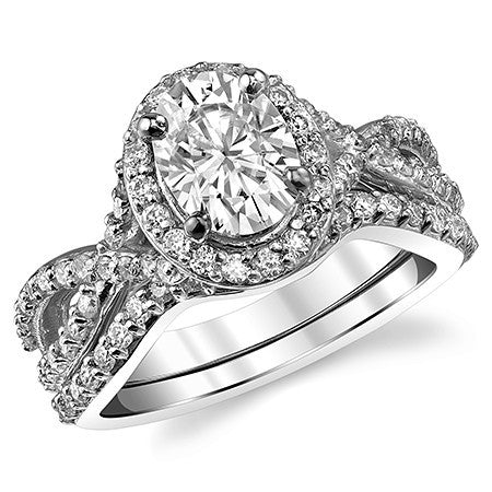 Split Shank Halo Cathedral Oval Moissanite Engagement Ring