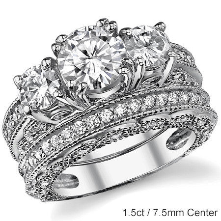 Three-stone Antique Round Brilliant Moissanite Engagement Ring