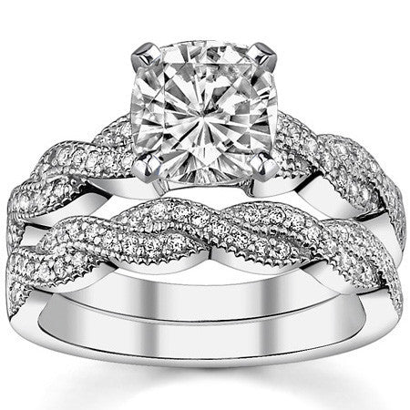 Round Brilliant Moissanite & Diamond Twisted Milgrain Engagement Ring