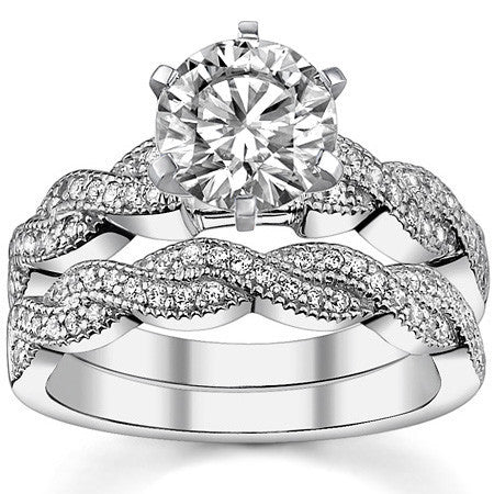 Round Brilliant Moissanite & Diamond Twisted Milgrain Engagement Ring