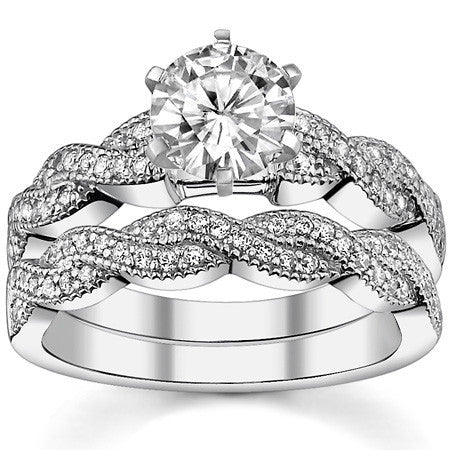 Round Brilliant Moissanite & Diamond Twisted Milgrain Engagement Ring
