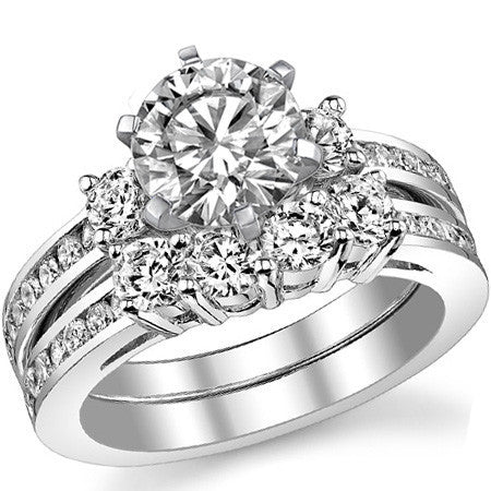 Round Brilliant Moissanite Three-Stone Style Engagement Ring, 0.58ct