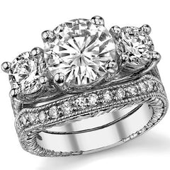 5.18ct (9.5mm,6.0mm) Round Moissanite Antique Trellis 3 Stone Ring