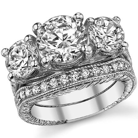 5.2ct 9mm/6.5mm Round Brilliant Moissanite Antique Trellis 3-Stone Ring
