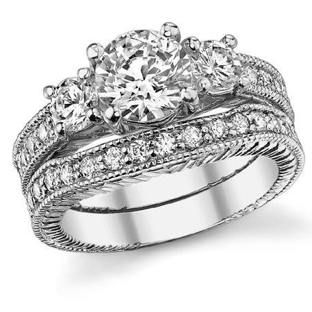 1.9ct 7mm/4mm Round Brilliant Moissanite Antique Trellis 3-Stone Ring