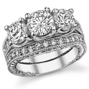 2.7ct (6.5mm,6mm) Round Brilliant Moissanite Antique Trellis 3-Stone Ring