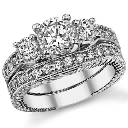 1.9ct (6mm,5mm) Round Brilliant Moissanite Antique Trellis 3-Stone Ring