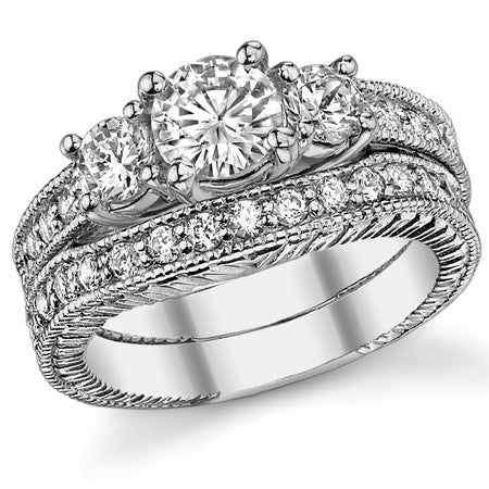 1.4ct (6mm,4mm) Round Brilliant Moissanite Antique Trellis 3-Stone Ring