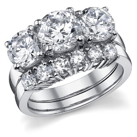 3.5ct (7.5mm,6.5mm) Round Brilliant Moissanite Three Stone Ring