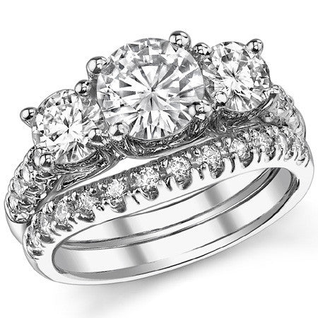 2.4ct (7mm/5mm) Round Brilliant Moissanite Trellis Three-Stone Ring