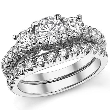 1.4ct (6mm/4mm) Round Brilliant Moissanite Trellis Three-Stone Ring