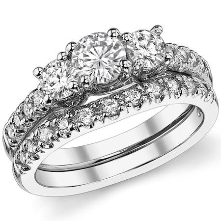 1.2ct (5mm/4mm) Round Brilliant Moissanite Trellis Three-Stone Ring