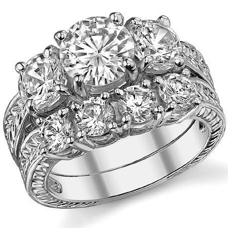 3.0ct (7.5mm/6mm) Round Brilliant Moissanite Antique 3 Stone Ring